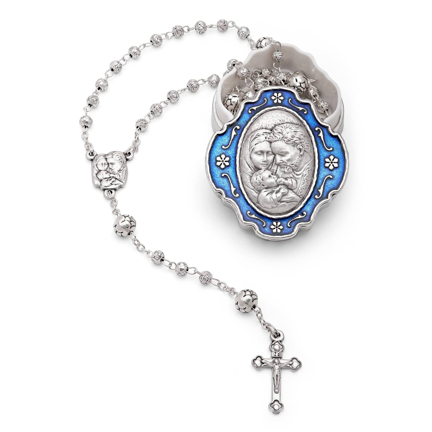 MONDO CATTOLICO Prayer Beads 37 cm (14.56 in) / 4 mm (0.15 in) Blue Keepsake Case and Rosary of the Holy Family