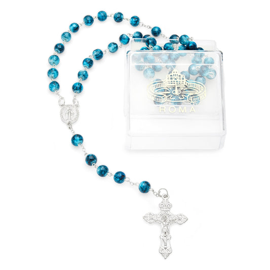 MONDO CATTOLICO Prayer Beads 55 cm (21.65 in) / 8 mm (0.3 in) Blue Marble Effect Rosary