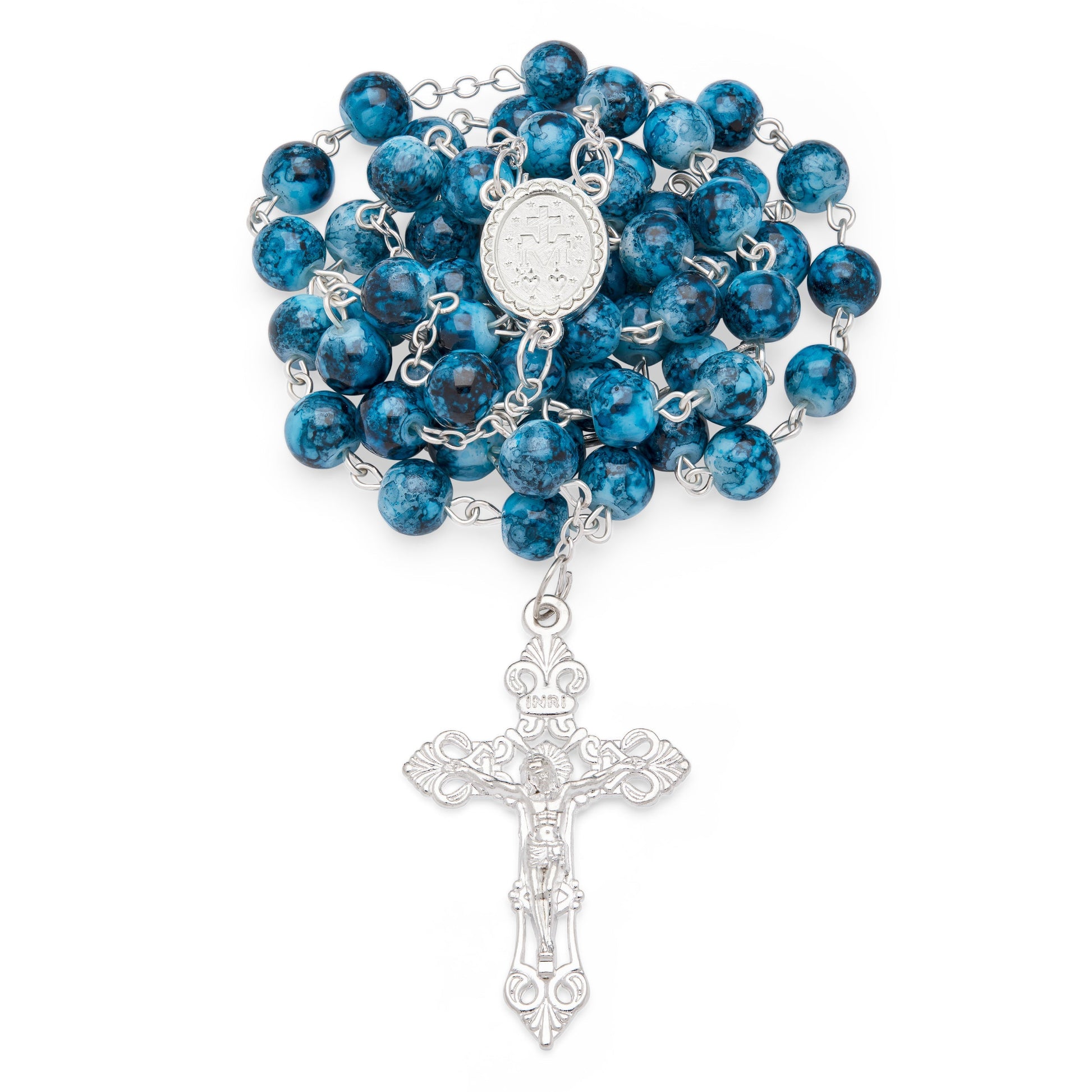 MONDO CATTOLICO Prayer Beads 55 cm (21.65 in) / 8 mm (0.3 in) Blue Marble Effect Rosary