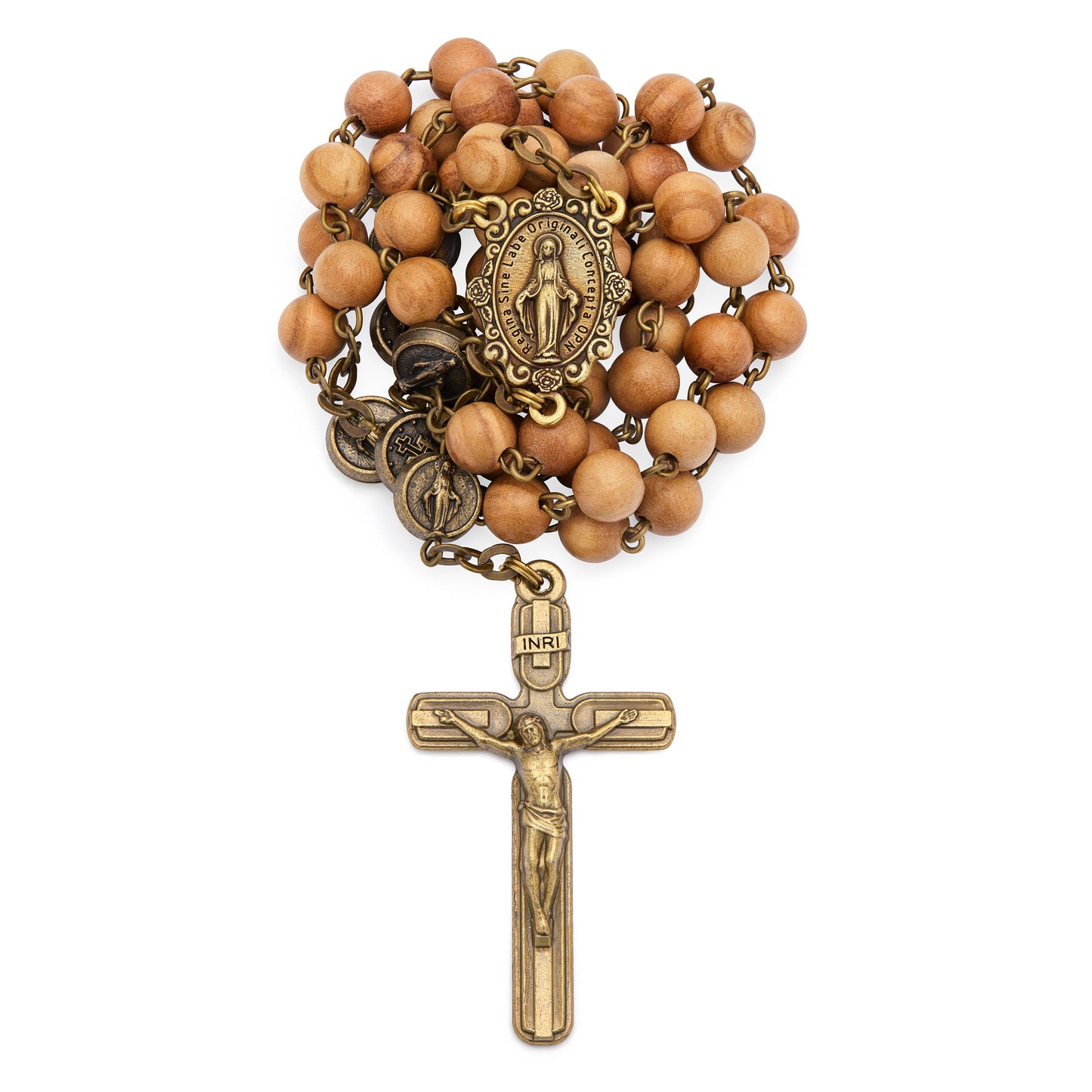 MONDO CATTOLICO ROMA Rosary 54 cm (21.26 in) / 72 cm (28.35 in) / 7 mm (0.28 in) Bronze-tone Metal Rosary with Olive Wood Beads