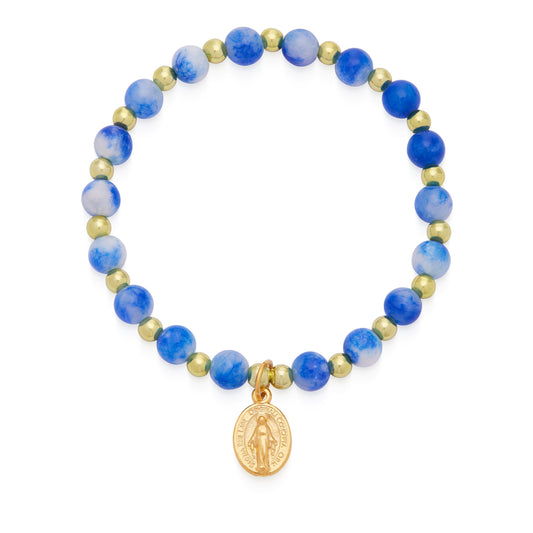 Mondo Cattolico Bracelet Adjustable Calcite Elastic Bracelet With Blue and Light Blue Hues and Miraculous Medal