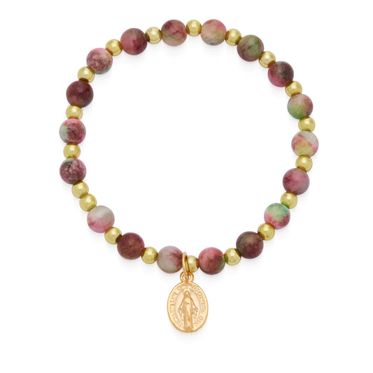 Mondo Cattolico Bracelet Calcite Elastic Bracelet With Dark Pink and Green Hues and Miraculous Medal
