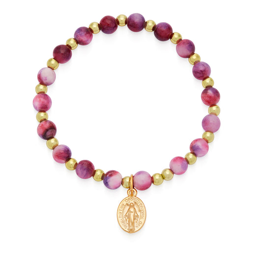 Mondo Cattolico Bracelet Calcite Elastic Bracelet With Dark Pink and Purple Hues and Miraculous Medal