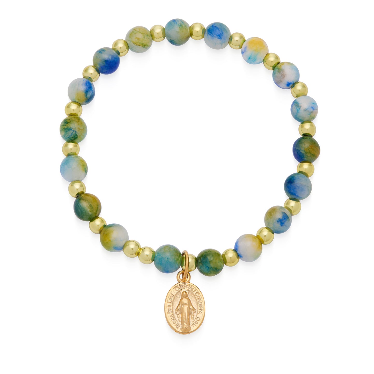 Mondo Cattolico Bracelet Calcite Elastic Bracelet With Green and Blue Hues and Miraculous Medal