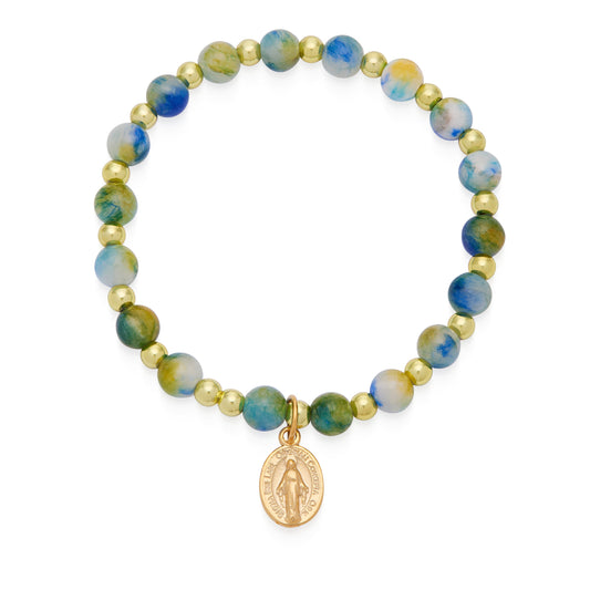 Mondo Cattolico Bracelet Calcite Elastic Bracelet With Green and Blue Hues and Miraculous Medal