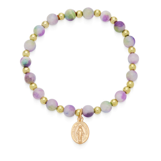 Mondo Cattolico Bracelet Calcite Elastic Bracelet With Green and Purple Hues and Miraculous Medal