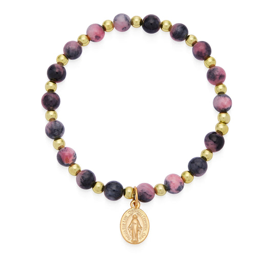 Mondo Cattolico Bracelet Calcite Elastic Bracelet With Grey and Pink Hues and Miraculous Medal