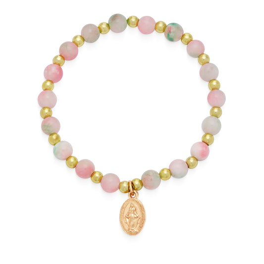 Mondo Cattolico Bracelet Calcite Elastic Bracelet With Light Pink and Green Hues and Miraculous Medal