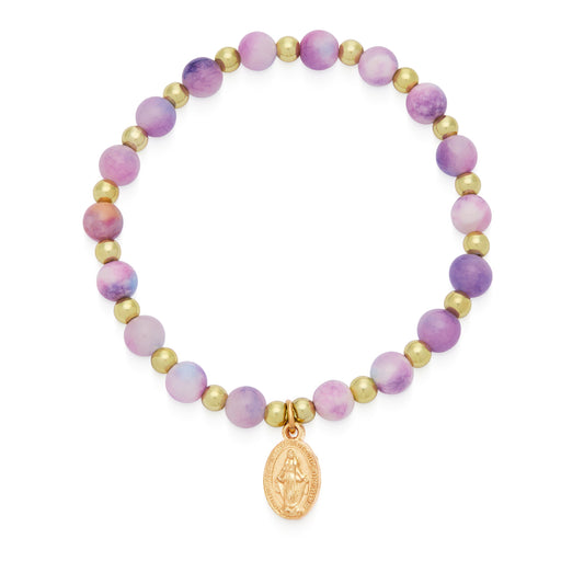Mondo Cattolico Bracelet Calcite Elastic Bracelet With Light Pink and Purple Hues and Miraculous Medal