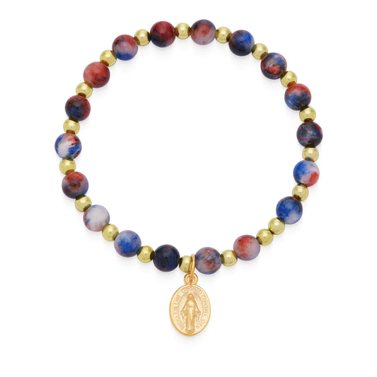Mondo Cattolico Bracelet Calcite Elastic Bracelet With Red and Blue Hues and Miraculous Medal