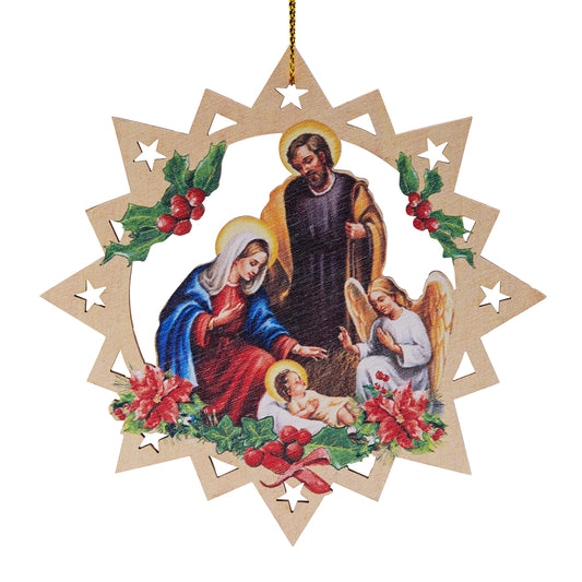 Mondo Cattolico 9.50 cm (3.74 in) Carved Wooden Christmas Tree Decoration in the Shape of a Star With Nativity Scene