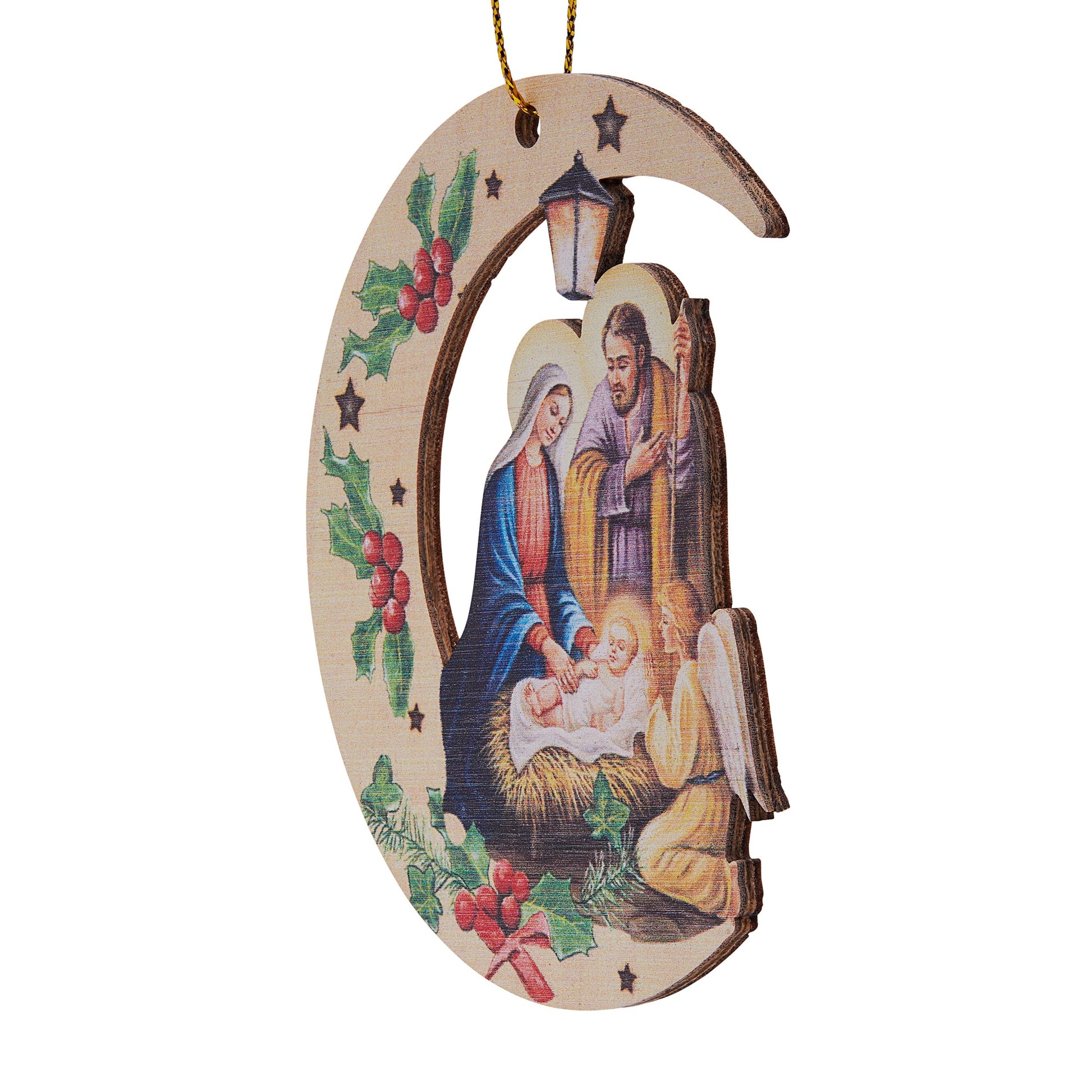 Mondo Cattolico 9.50 cm (3.74 in) Carved Wooden Christmas Tree Decoration in the Shape of Moon With Nativity Scene