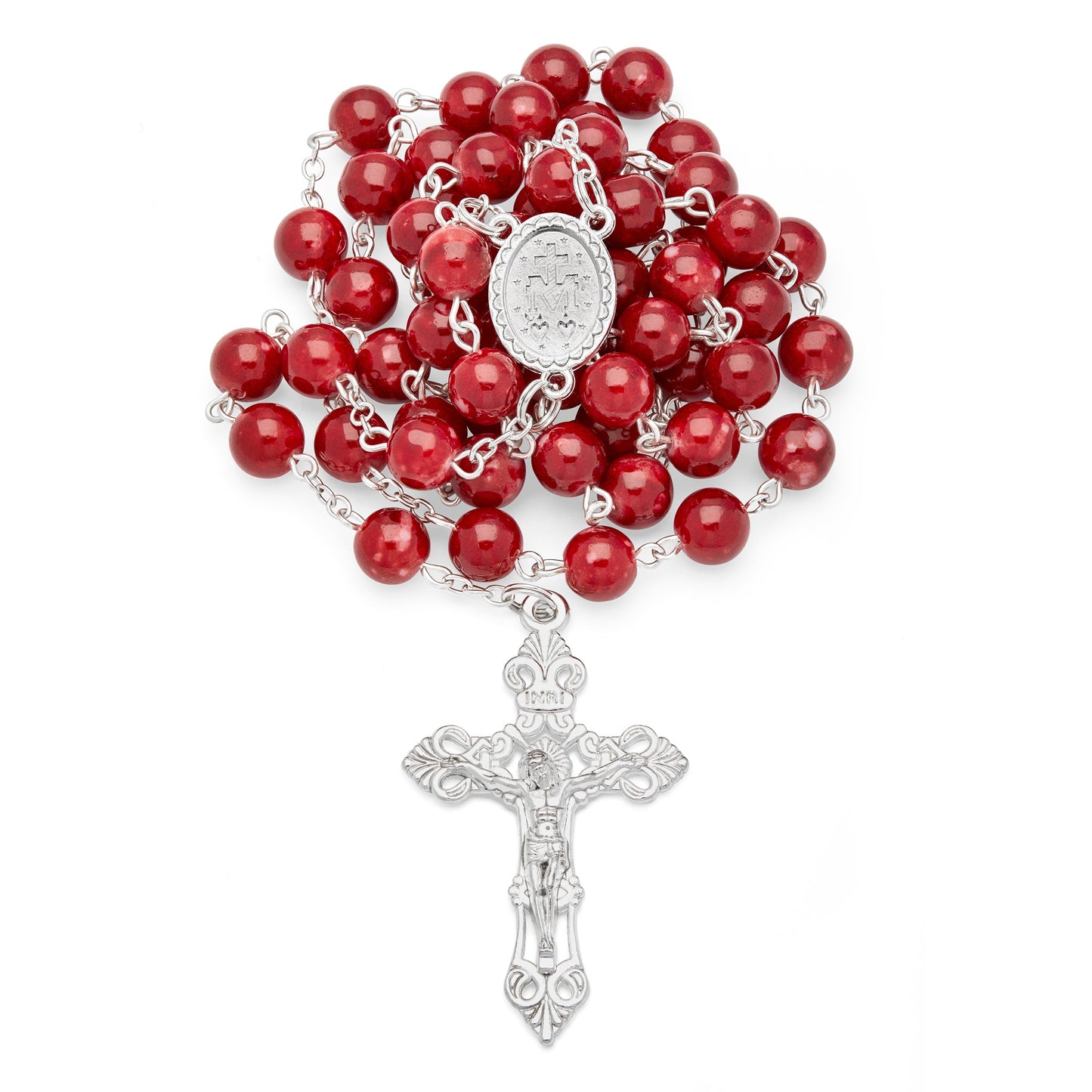 MONDO CATTOLICO Prayer Beads 55 cm (21.65 in) / 8 mm (0.3 in) Case and Rosary in Red Marble Glass
