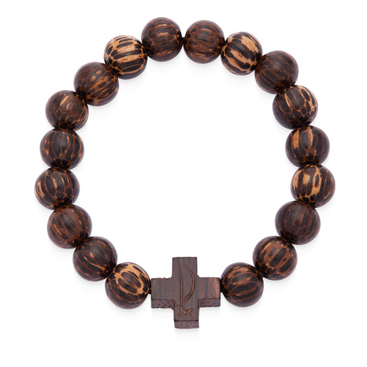 Mondo Cattolico Bracelet Adjustable / 10 mm (0.39 in) Coconut Wood Elastic Bracelet With Cross