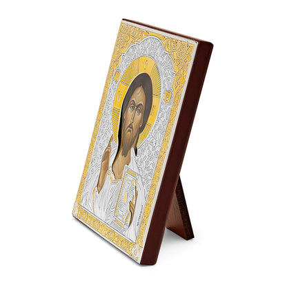 Mondo Cattolico Colored Wooden Icon of Jesus With Bilaminate Sterling Silver Plaque and Golden Details