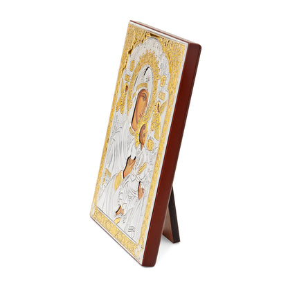 Mondo Cattolico Colored Wooden Icon of Our Lady of Perpetual Help With Bilaminate Sterling Silver Plaque and Golden Details