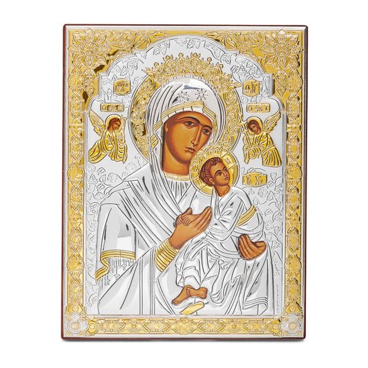 Mondo Cattolico Colored Wooden Icon of Our Lady of Perpetual Help With Bilaminate Sterling Silver Plaque and Golden Details