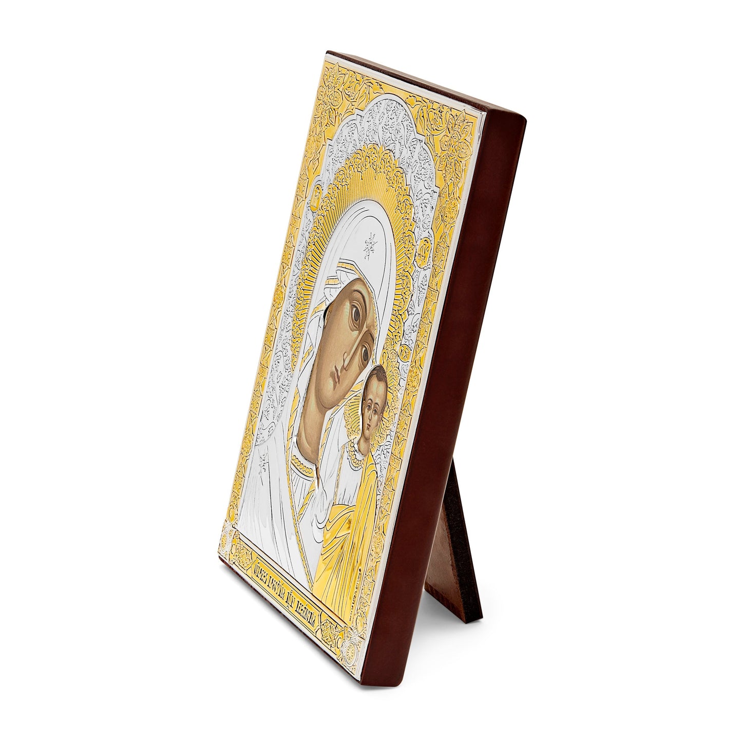 Mondo Cattolico Copy of Colored Wooden Icon of Our Lady of Kazan With Bilaminate Sterling Silver Plaque and Golden Details