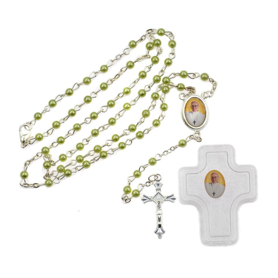 MONDO CATTOLICO Prayer Beads 41 cm (16.14 in) / 4 mm (0.15 in) Cross Shaped Case with Green Imitation Pearls Beads Rosary