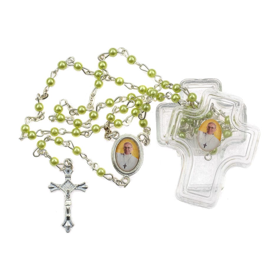 MONDO CATTOLICO Prayer Beads 41 cm (16.14 in) / 4 mm (0.15 in) Cross Shaped Case with Green Imitation Pearls Beads Rosary