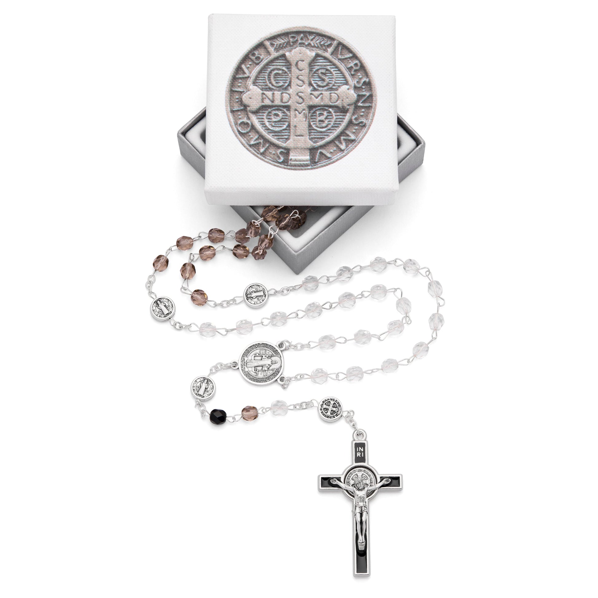 MONDO CATTOLICO ROMA Prayer Beads 46 cm (18.11 in) / 6 mm (0.24 in) / 7 x 7 cm (2.76 x 2.76 in) Crystal beads Rosary of Saint Benedict Enameled Cross