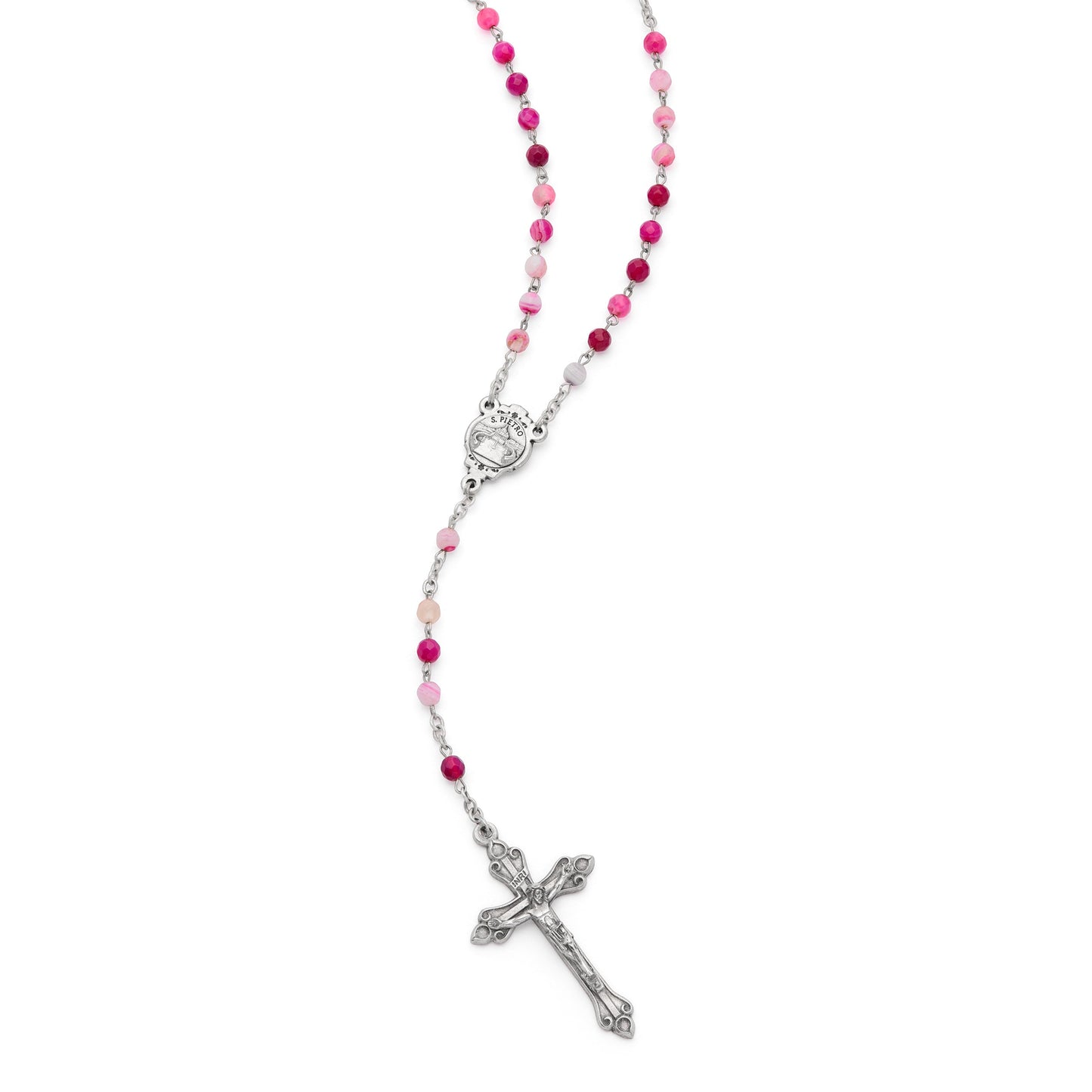 MONDO CATTOLICO ROMA Prayer Beads 37.5 cm (14.7 in) / 4 mm (0.15 in) Deep Pink Agate Rosary with Pope Francis