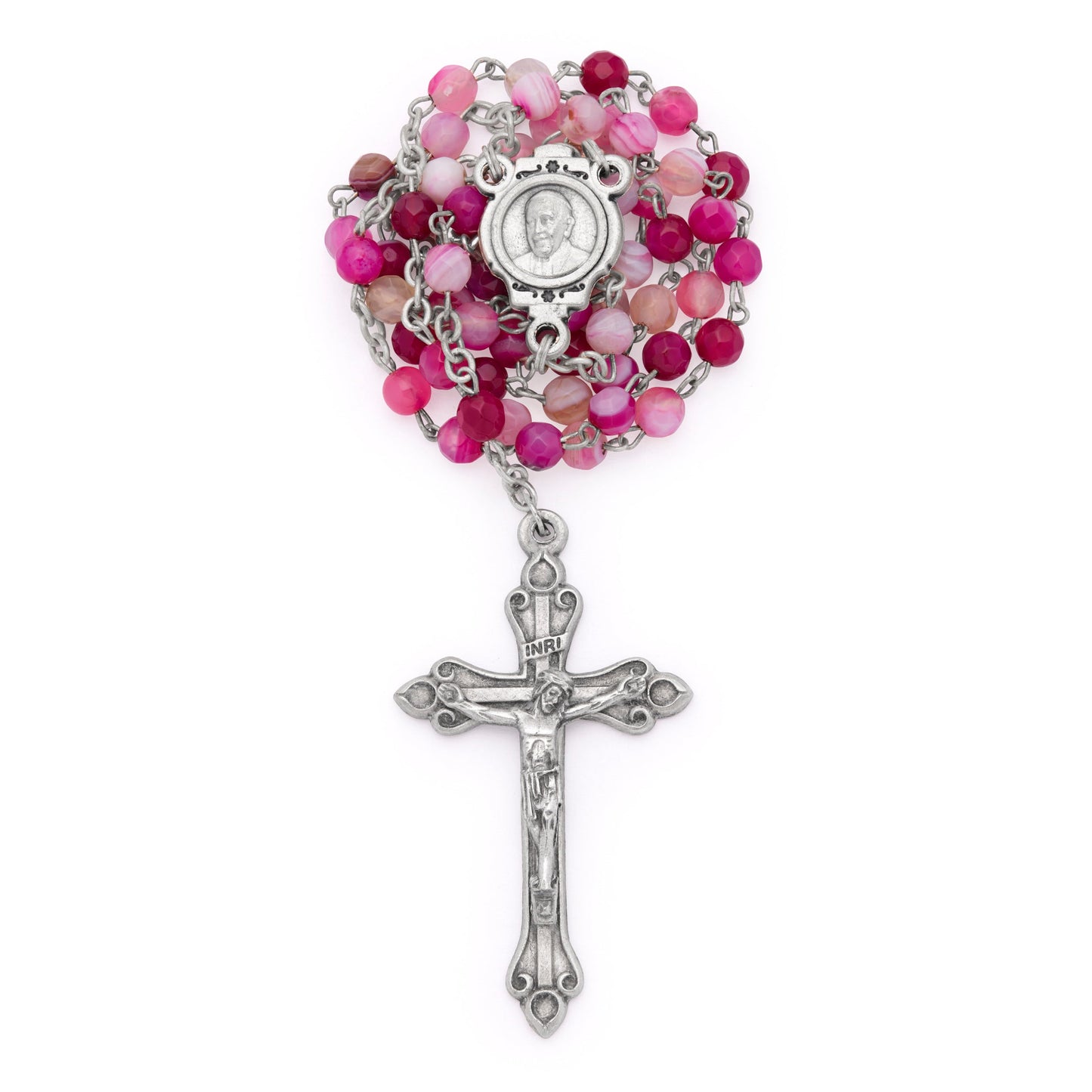 MONDO CATTOLICO ROMA Prayer Beads 37.5 cm (14.7 in) / 4 mm (0.15 in) Deep Pink Agate Rosary with Pope Francis