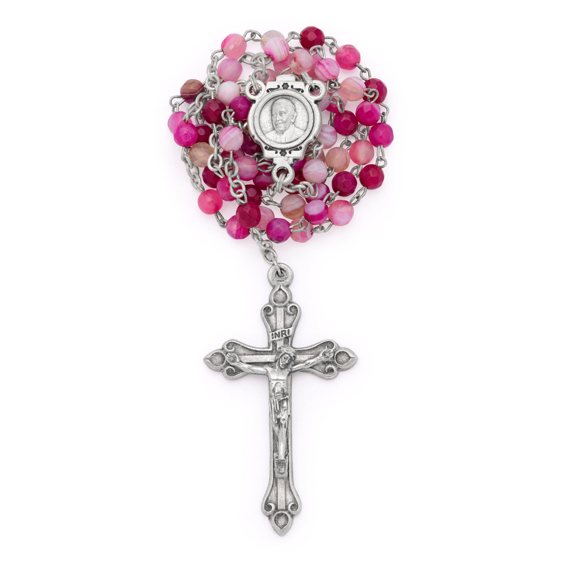 MONDO CATTOLICO ROMA Prayer Beads 37.5 cm (14.7 in) / 4 mm (0.15 in) Deep Pink Agate Rosary with Pope Francis