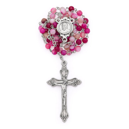 MONDO CATTOLICO ROMA Prayer Beads 37.5 cm (14.7 in) / 4 mm (0.15 in) Deep Pink Agate Rosary with Pope Francis