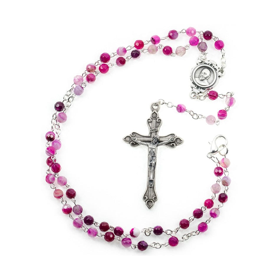 MONDO CATTOLICO Prayer Beads 37.5 cm (14.7 in) / 4 mm (0.15 in) Deep Pink Agate Rosary with Pope Francis