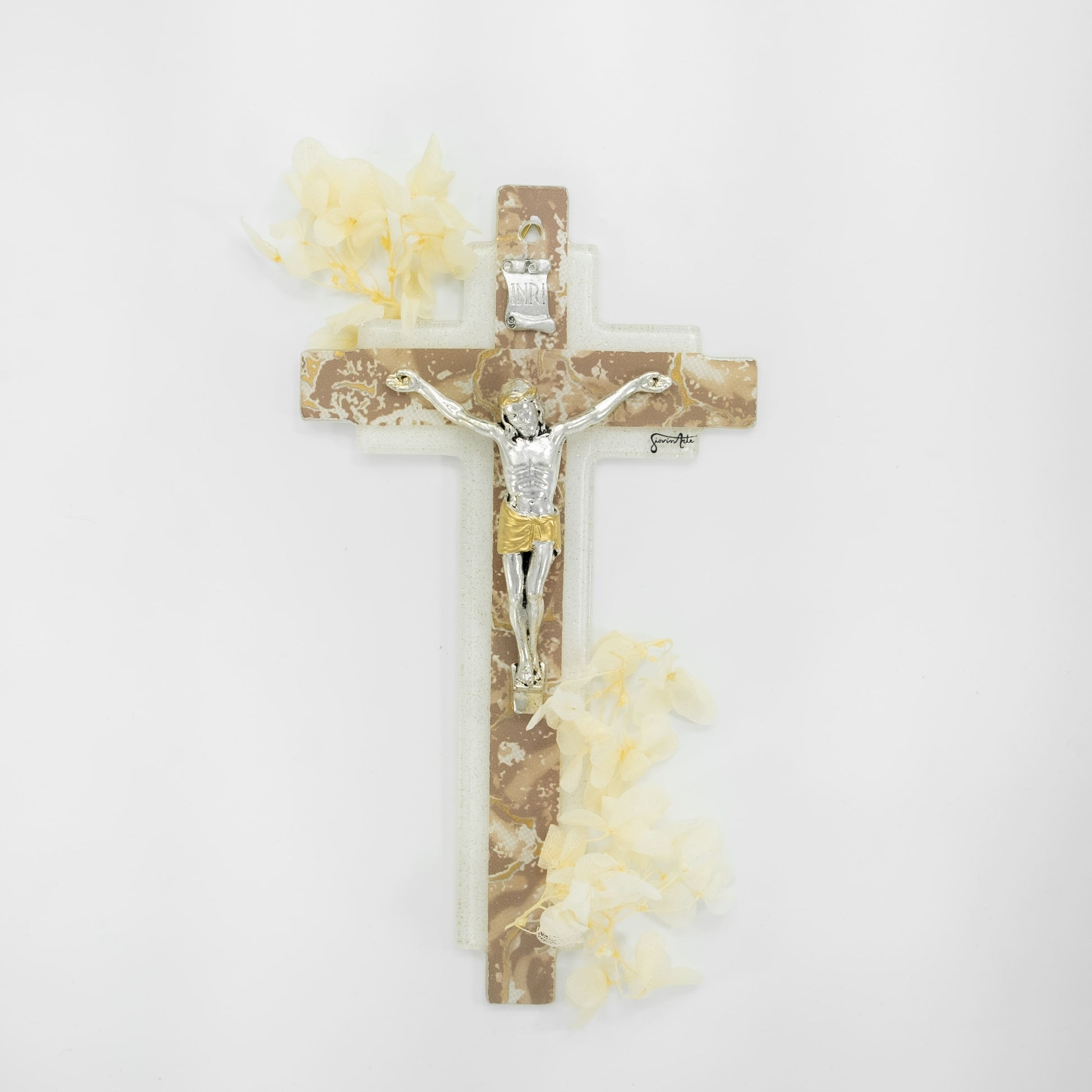 MONDO CATTOLICO Double Cross in Murano Glass Marbled Effect