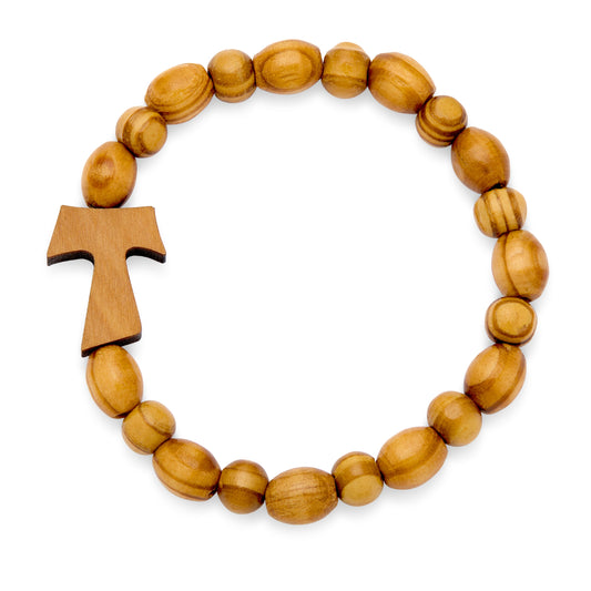 Mondo Cattolico Bracelet Adjustable Elastic Bracelet in Olive Wood With Oval Beads and Tau Cross