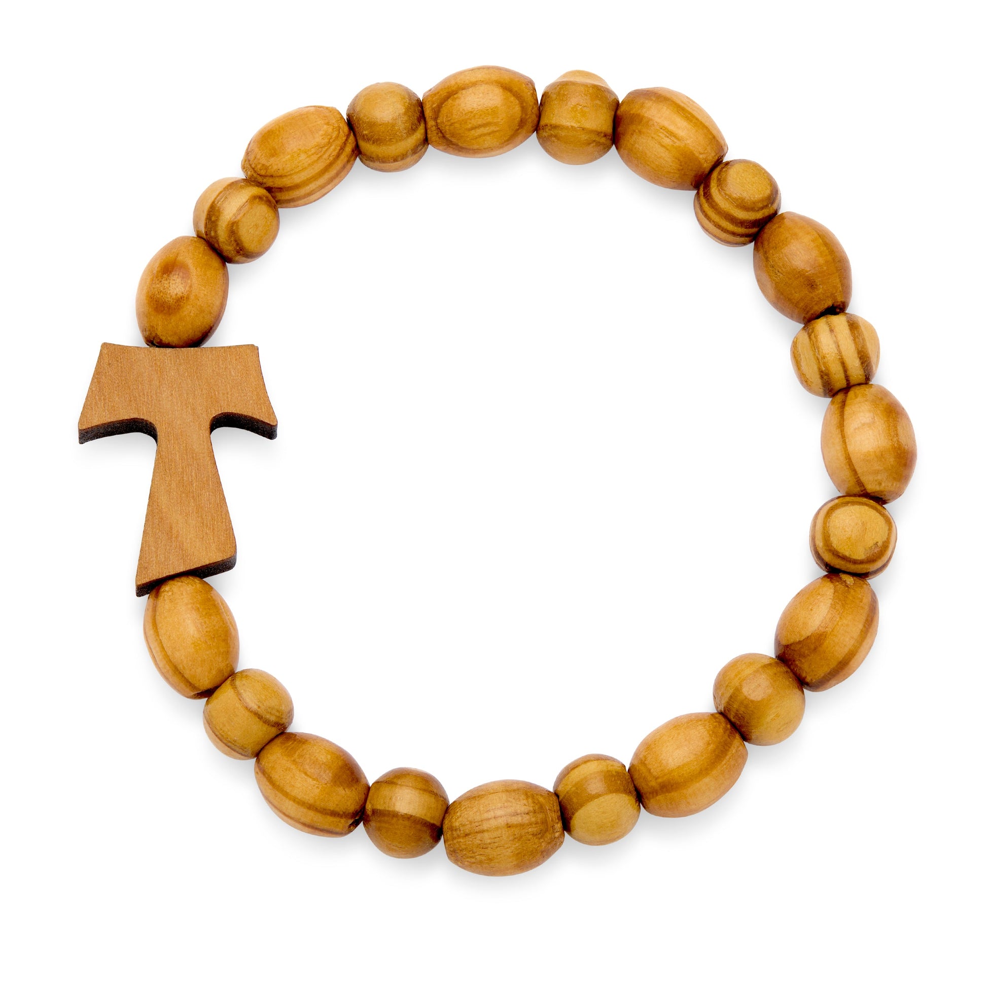 Olive Wood Elastic Bracelet With Oval Beads and Tau Cross MONDO