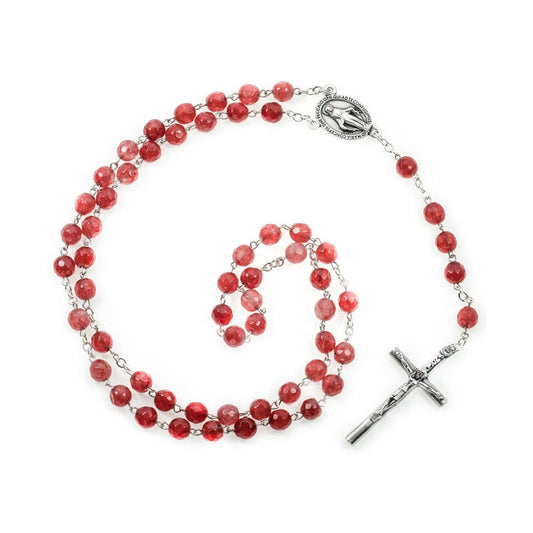 MONDO CATTOLICO Prayer Beads 42 cm (16.5 in) / 6 mm (0.23 in) Faceted Natural Red Agate Rosary with the Virgin Mary