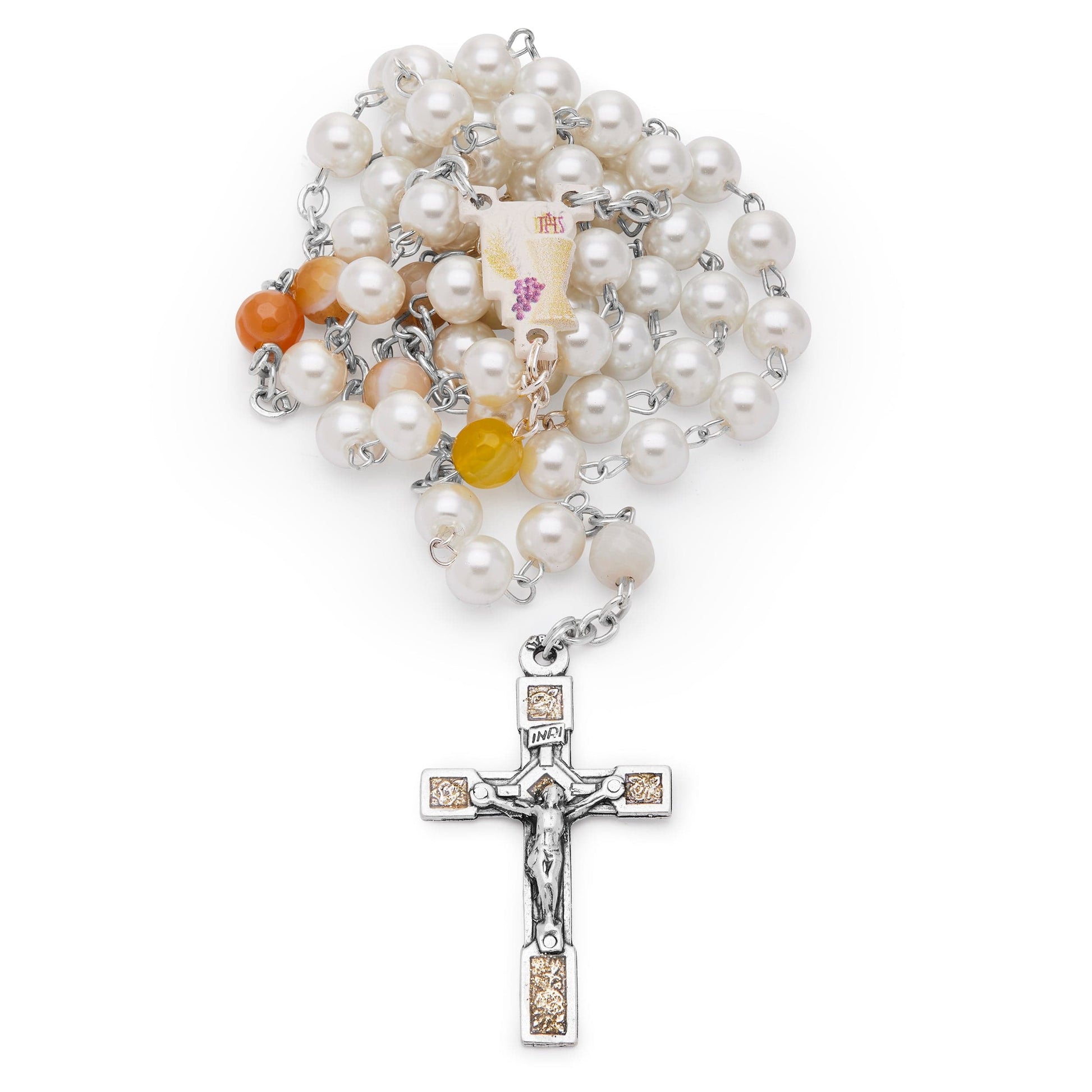 MONDO CATTOLICO First Communion Case and Rosary in White Glass Pearls