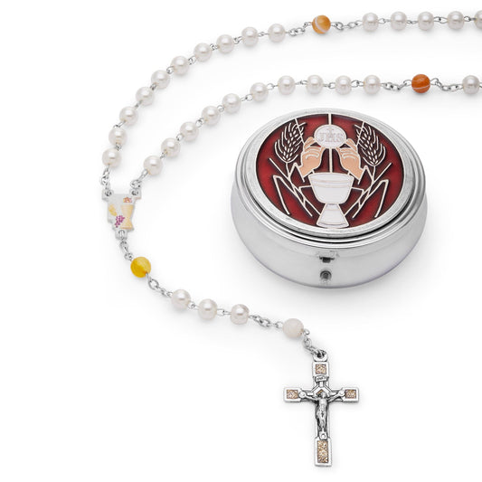 MONDO CATTOLICO First Communion Case and Rosary in White Glass Pearls
