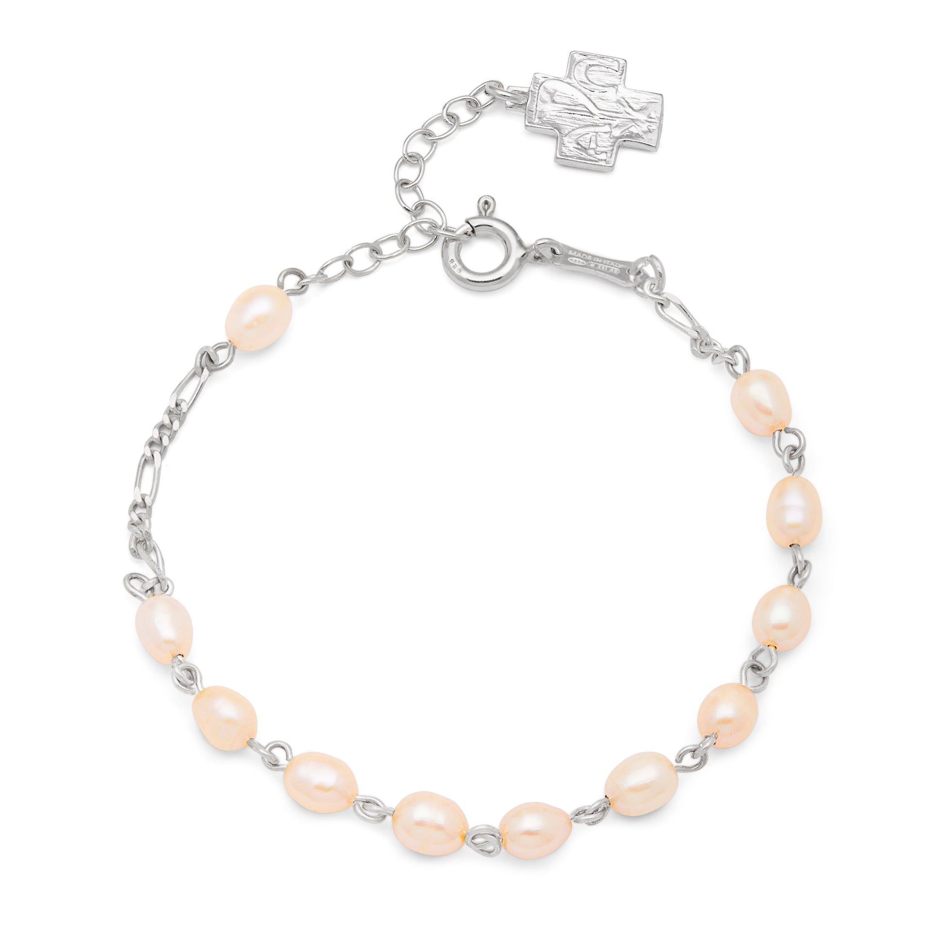 MONDO CATTOLICO Prayer Beads Adjustable Freshwater Pearls Rosary Bracelet in Sterling Silver