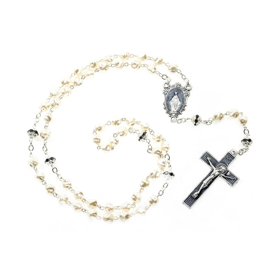 MONDO CATTOLICO Prayer Beads 44 cm (17.3 in) / 6 mm (0.23 in) Glass Pearl Rosary with Black Crystal Rhinestones