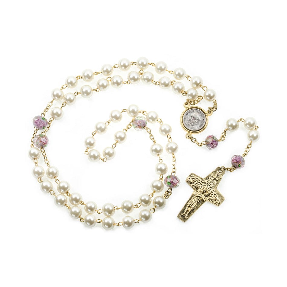 MONDO CATTOLICO Prayer Beads Glass Pearl Rosary with Pope Francis