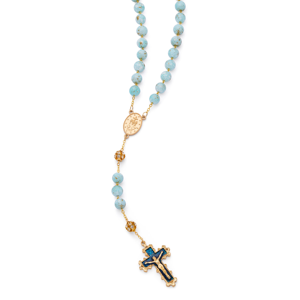 MONDO CATTOLICO ROMA Rosary 56 cm (22.05 in) / 74 cm (29.13 in) / 10 mm (0.39 in) Gol-Tone Metal Rosary with Light Blue Marble Effect Beads and Rhinestone Beads