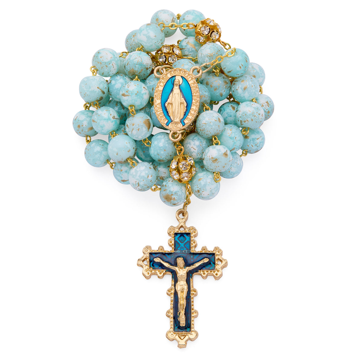 MONDO CATTOLICO ROMA Rosary 56 cm (22.05 in) / 74 cm (29.13 in) / 10 mm (0.39 in) Gol-Tone Metal Rosary with Light Blue Marble Effect Beads and Rhinestone Beads