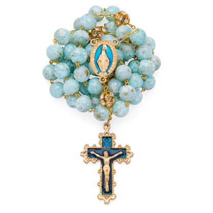 MONDO CATTOLICO ROMA Rosary 56 cm (22.05 in) / 74 cm (29.13 in) / 10 mm (0.39 in) Gol-Tone Metal Rosary with Light Blue Marble Effect Beads and Rhinestone Beads