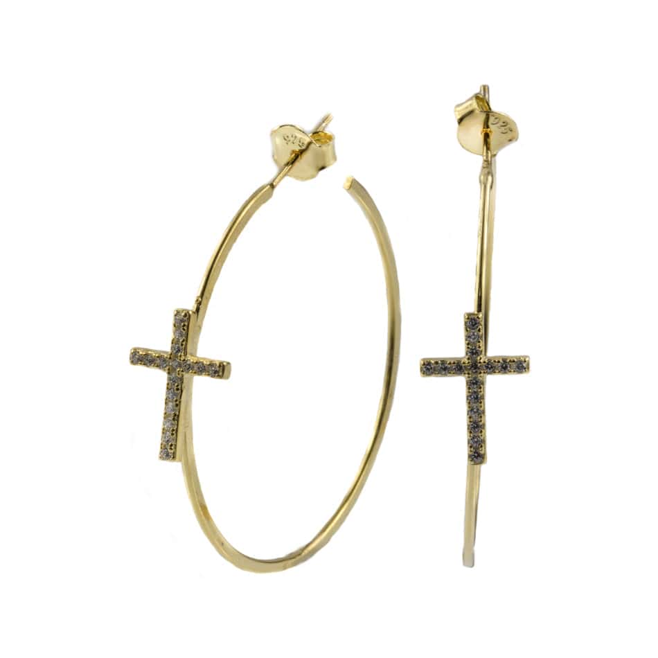 MONDO CATTOLICO Gold Plated Hoop Earrings with Cross in Crystal