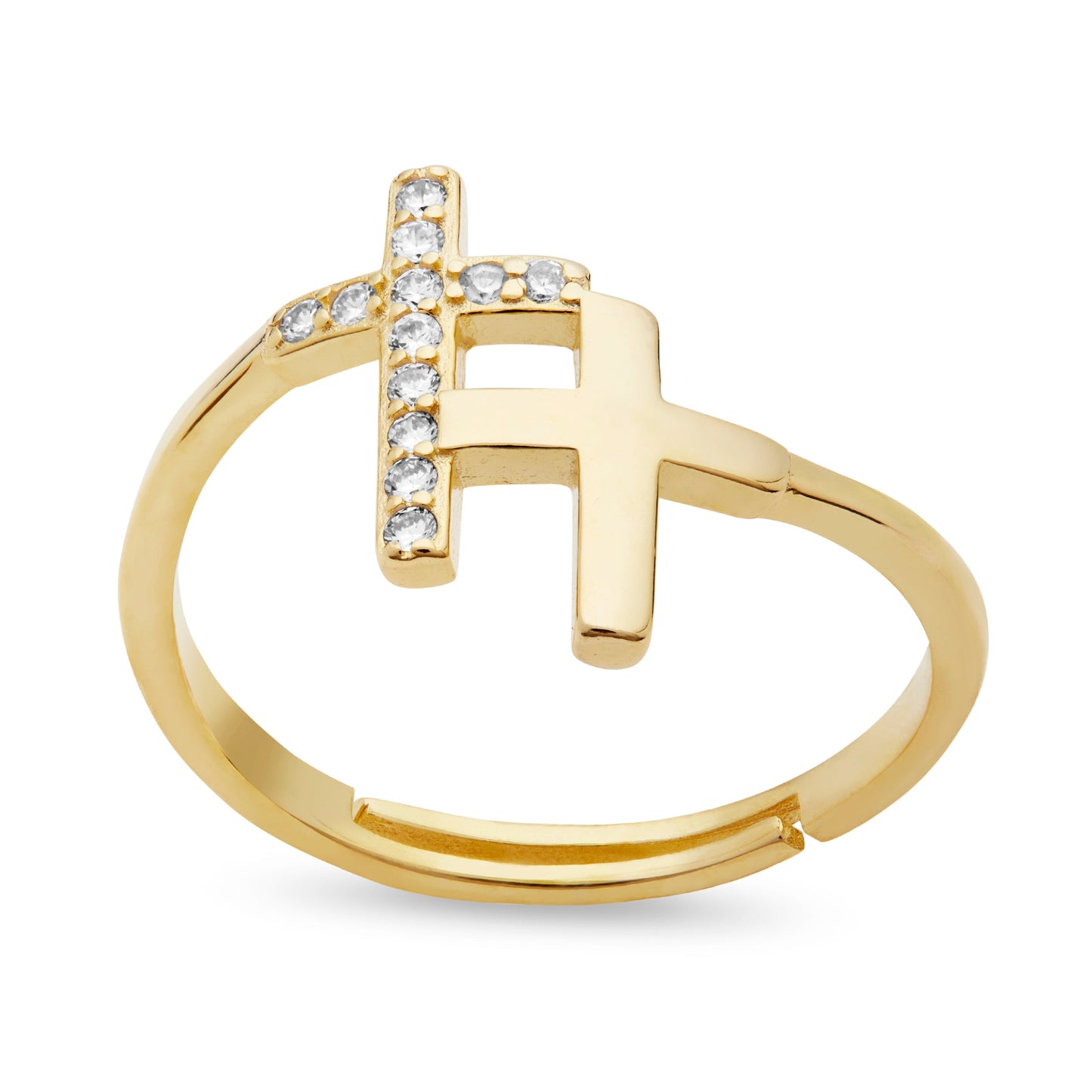 Mondo Cattolico Gold-plated Sterling Silver Adjustable Ring With Two Cubic Zirconia Crosses