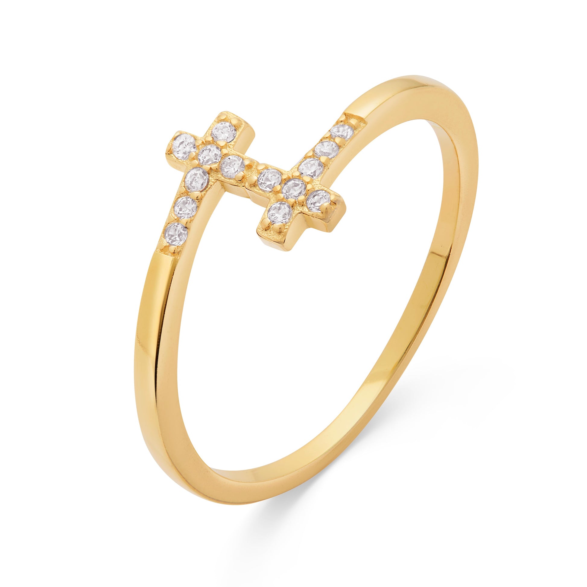Mondo Cattolico Ring Adjustable Gold-plated Sterling Silver Adjustable Ring With Two Cubic Zirconia End Crosses