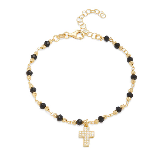 Mondo Cattolico Bracelet Adjustable Gold-plated Sterling Silver Bracelet With Black Beads and Cross With Cubic Zirconia Pendant