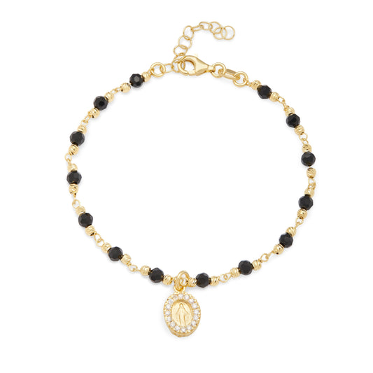 Mondo Cattolico Bracelet Adjustable Gold-plated Sterling Silver Bracelet With Black Beads and Miraculous Medal With Cubic Zirconia Pendant
