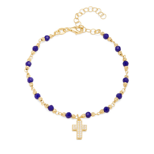 Mondo Cattolico Bracelet Adjustable Gold-plated Sterling Silver Bracelet With Blue Beads and Cross With Cubic Zirconia Pendant
