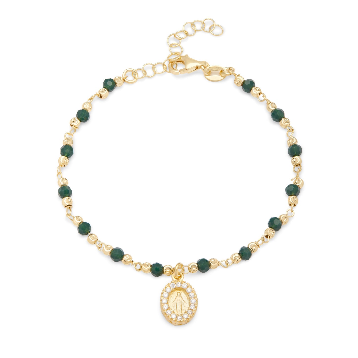 Mondo Cattolico Bracelet Adjustable Gold-plated Sterling Silver Bracelet With Green Beads and Miraculous Medal With Cubic Zirconia Pendant