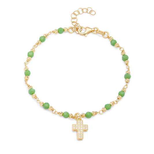 Mondo Cattolico Bracelet Adjustable Gold-plated Sterling Silver Bracelet With Light Green Beads and Cross With Cubic Zirconia Pendant